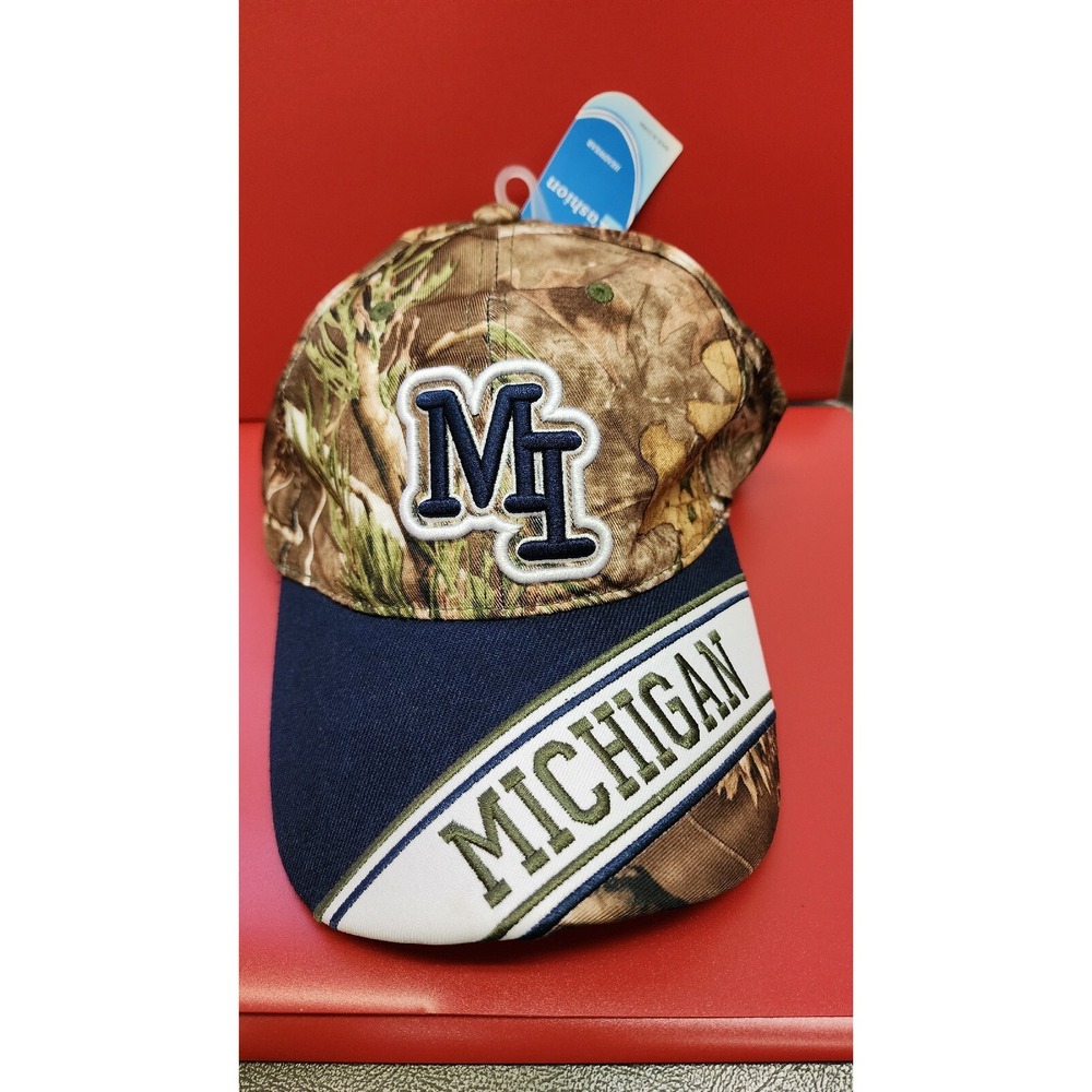 MI Michigan Camo Strapback Hook & Loop Closure Hat Cap OSFM By Fashion Headwear‎